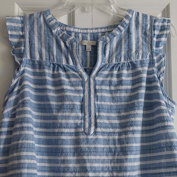 Talbots Blue & White Stripe Flutter Sleeve Blouse Women's Size Lp - Picture 2 of 8